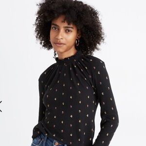 Madewell Texture & Thread Top Womens Small Black Ruffled Mockneck Rainbow Buds